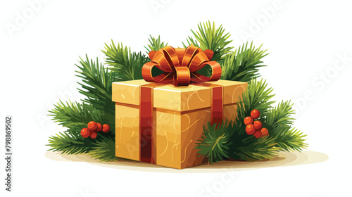 Christmas gift box with fir branch decoration. Wint