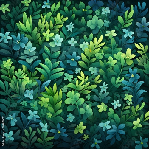 Zesty flowerbed, bluegreen leaves, infinite design, flat vector, solid field , high resolution