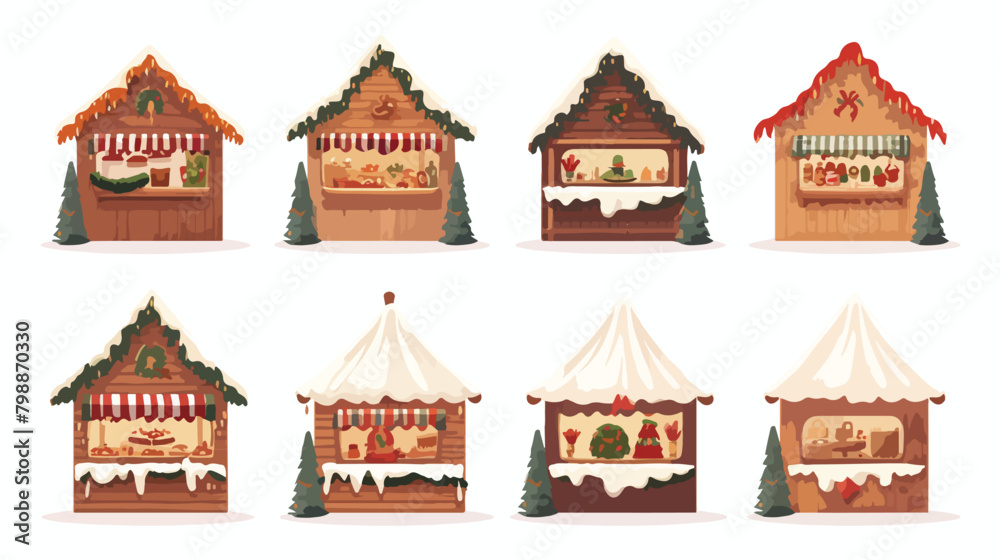Christmas market stalls set. Wooden chalets outdoor