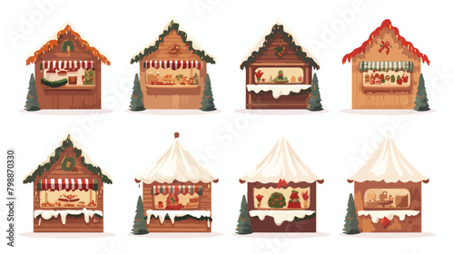 Christmas market stalls set. Wooden chalets outdoor