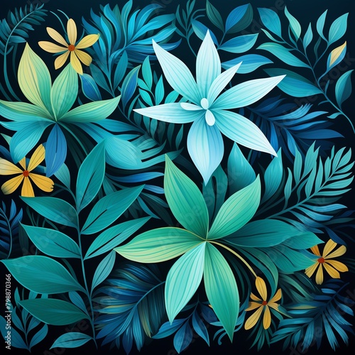 Summer flora, turquoise leaves, nonstop motif, flat illustration, solid base , flat graphic drawing