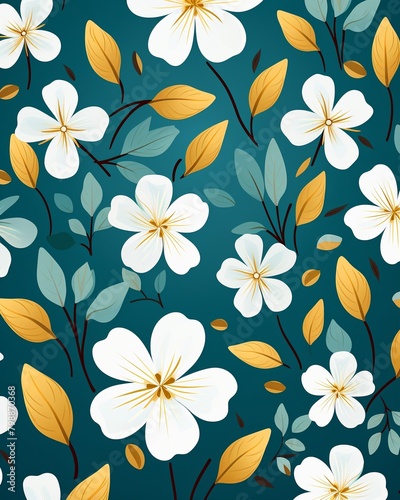 Sunshine blossoms, teal leaves, seamless floral, flat vector, solid bg ,  cute hand drawn photo