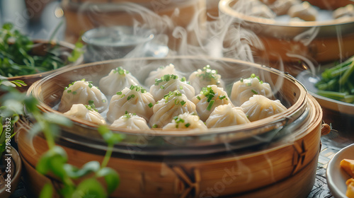 Dumplings steaming on table, part of a delicious cuisine