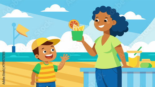 As a mother proudly looks on her young son excitedly counts his earnings from his first lemonade stand on a bustling boardwalk by the beach.