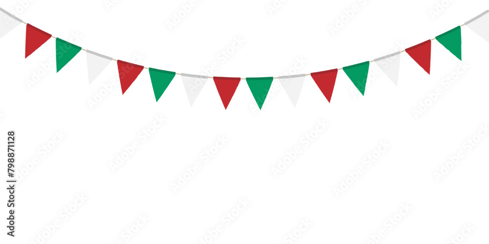 Obraz premium Green, white and red flag garland. Triangle pennants chain. Party decoration. Celebration flags for decor