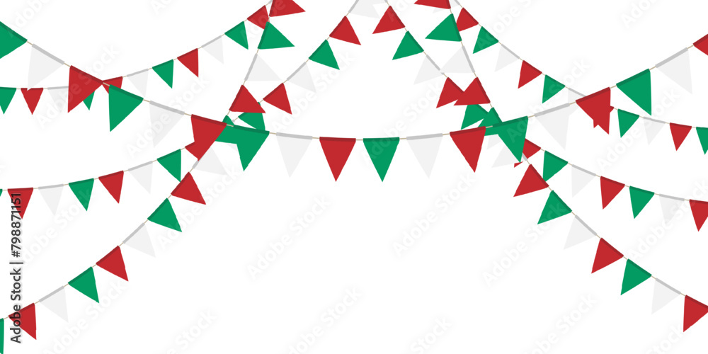 Obraz premium Green, white and red flag garland. Triangle pennants chain. Party decoration. Celebration flags for decor
