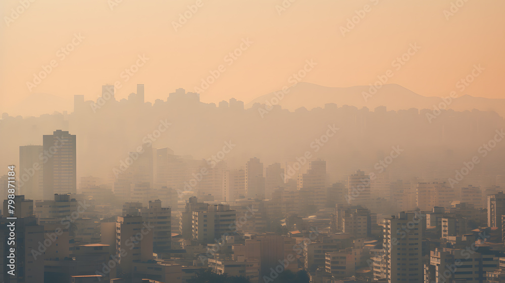 A city skyline is shown with a hazy, smoggy atmosphere. The buildings are tall and the sky is filled with clouds. The scene is one of pollution A city skyline is shown with a hazy, smoggy atmosphere. The buildings are tall and the sky is filled with clouds. The scene is one of pollution