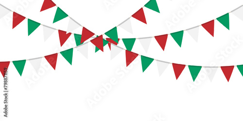 Green, white and red flag garland. Triangle pennants chain. Party decoration. Celebration flags for decor