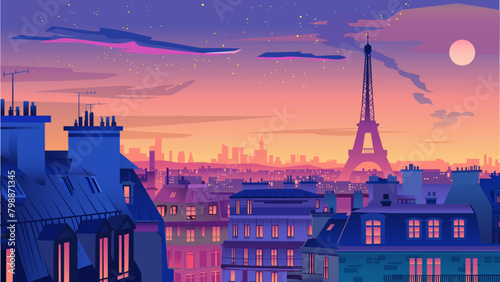 paris at sunset with eiffel tower photo