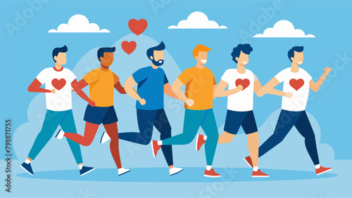 A team of men participating in a charity walk or run combining fitness and philanthropy to support a cause close to their hearts..
