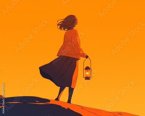 A girl with a lantern in a minimalist line drawing, casting a soft glow in twilight orange photo