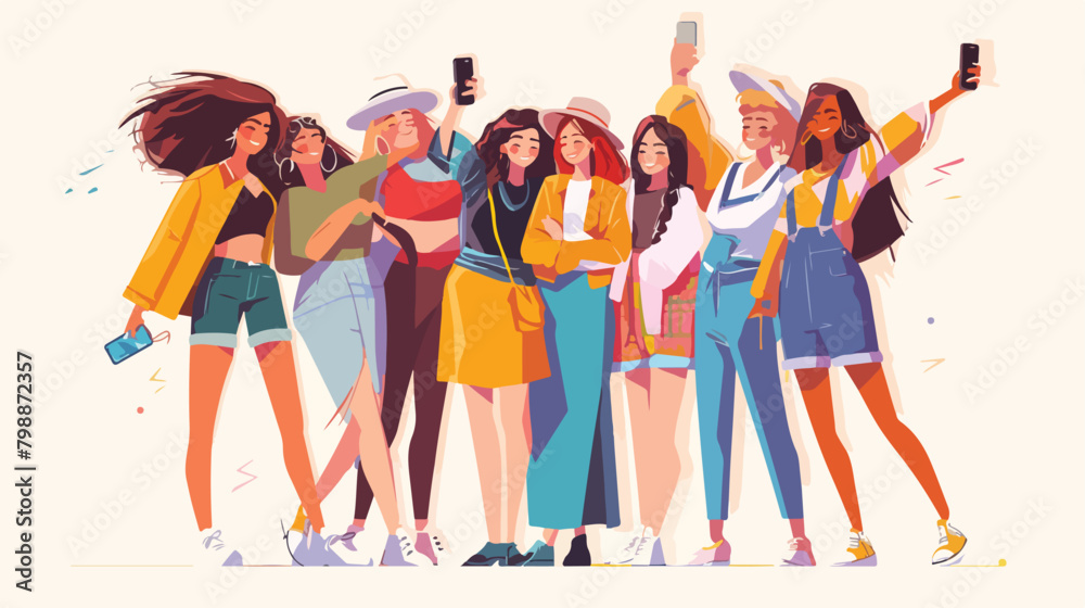 Group of happy female friends taking selfie use sma