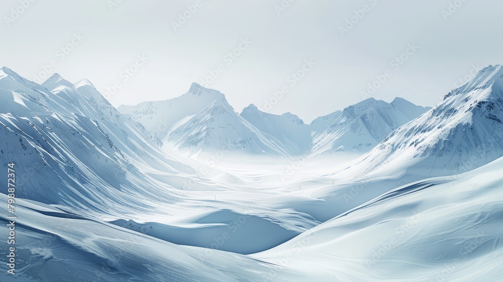 A mountain range with snow-covered peaks and a vast, empty valley. The scene is serene and peaceful, with the mountains towering over the valley below
