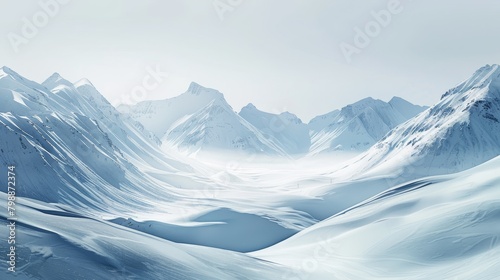 A mountain range with snow-covered peaks and a vast  empty valley. The scene is serene and peaceful  with the mountains towering over the valley below