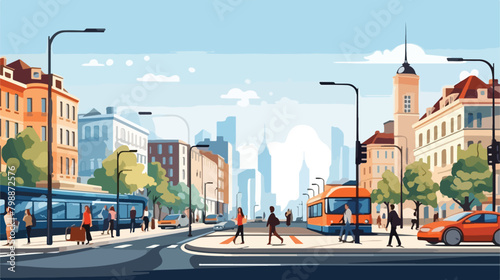 City street panorama. Cityscape with people buildin