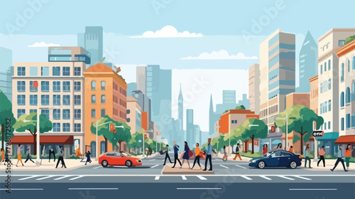 City street panorama. Cityscape with people buildin photo