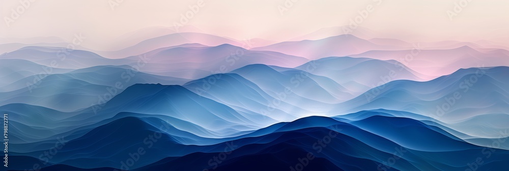 The image is of a mountain range with blue and pink hues. The mountains are covered in a misty blue color, giving the scene a serene and peaceful atmosphere