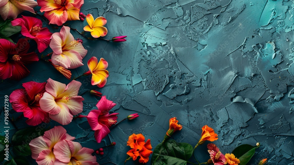 A colorful bouquet of flowers is arranged on a blue background. The flowers are of various colors, including pink, orange, and yellow. The arrangement creates a vibrant and lively atmosphere A colorful bouquet of flowers is arranged on a blue background. The flowers are of various colors, including pink, orange, and yellow. The arrangement creates a vibrant and lively atmosphere