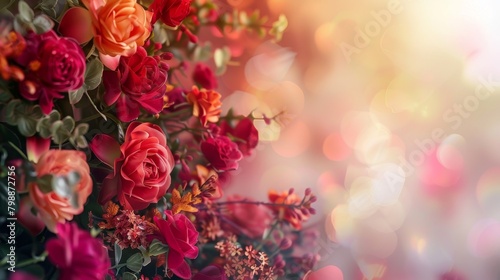 A bouquet of red roses with orange and yellow flowers. The flowers are arranged in a vase and the background is blurry. Concept of warmth and love