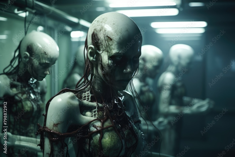 Zombie Cyborgs: Cyborg zombies emerging from a spooky laboratory.