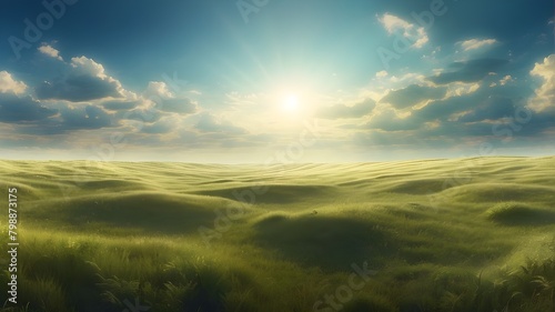 An imaginative scene portraying a surreal afterlife world, featuring a mesmerizing field of glistening grass illuminated by the golden rays of the sun. Type of Image: Digital Illustration, Subject Des