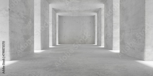 Abstract empty, modern concrete room with pillars and openings left and right and rough floor - industrial interior background template