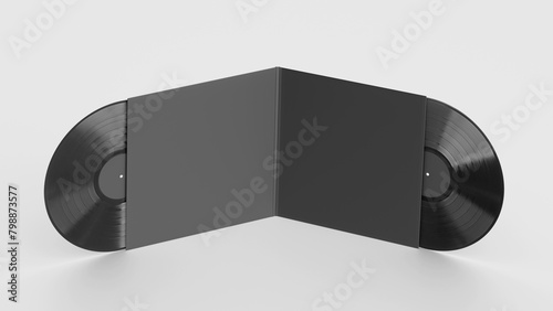 Black Vinyl Record Mockup, Dark Blank record album with CD/DVD/Bluray Disk 3d rendering isolated on light background	