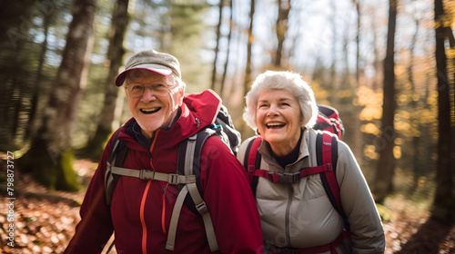 Mature caucasian couple on vacation  having a hike in the spring mountains  spending time together after retirement together travelling - tourism  pension concept