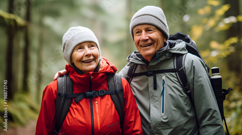 Mature caucasian couple on vacation  having a hike in the spring mountains  spending time together after retirement together travelling - tourism  pension concept