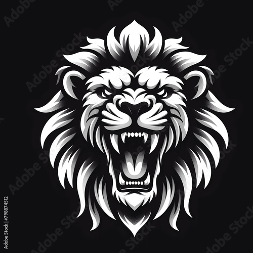 Monochrome black and white for Powerful open mouth Lion head, for logo design and Tattoo © Mena Mamdouh