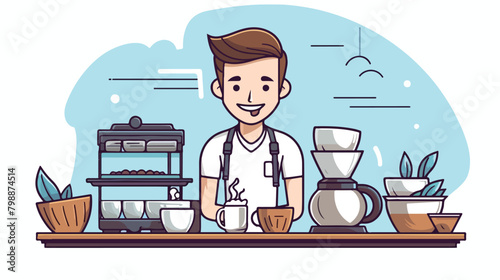 Coffee banner with friendly barista. Line art vecto photo
