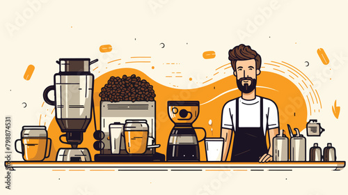 Coffee banner with friendly barista. Line art vecto photo