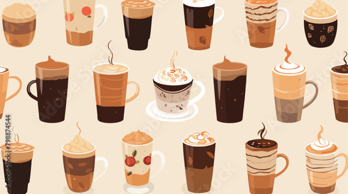 Coffee cups and glasses seamless pattern design. Ca