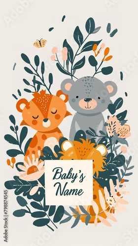 Charming baby shower thank you card mockup, cute animal theme , A charming customizable card featuring adorable illustrated animals and botanical elements, perfect for a baby's name announcement .