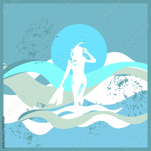 White silhouette of young woman coming out of waves holding a swimming mask and fins after snorkeling on blue abstract background of ocean. Creative collage. Contemporary art. Modern design. Inversion