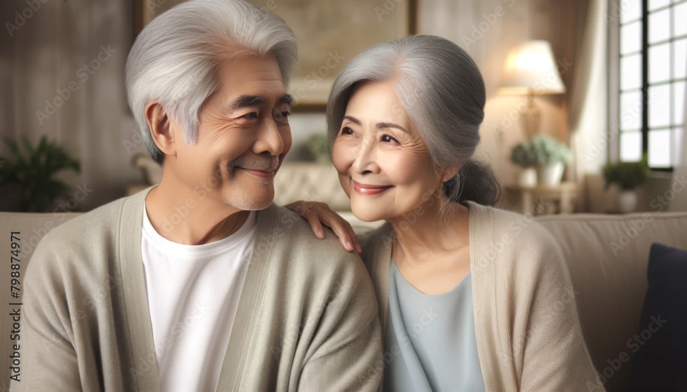 Naklejka premium ソファに座って会話を楽しむシニア夫婦