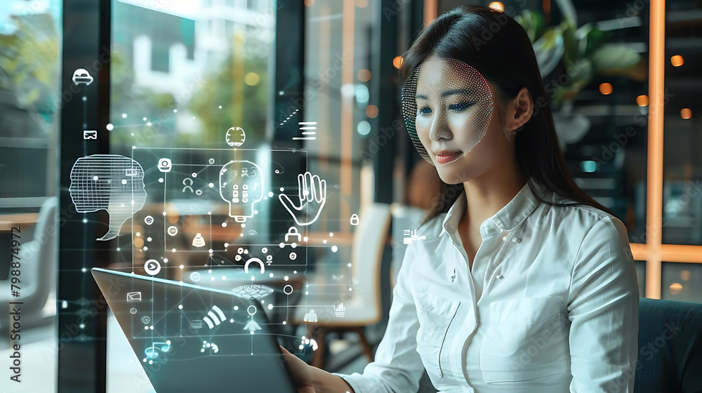 ai assistant with long black hair working on laptop in office, seated on a white chair, with a hand ai assistant with long black hair working on laptop in office, seated on a white chair, with a hand