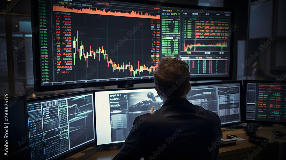 A man in a suit with his back turned in front of a large screen displaying stock market data A man in a suit with his back turned in front of a large screen displaying stock market data