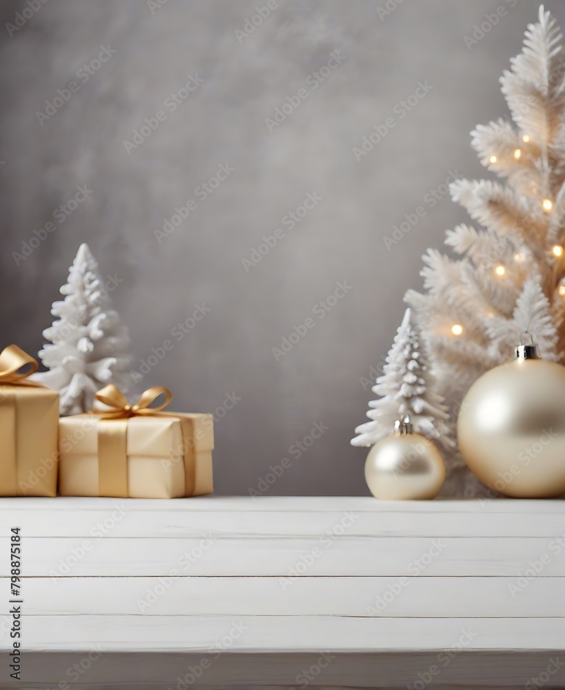 Festive Christmas Mockup Banner Empty White Table Top with Warm Living Room Decor and Snow Holiday Background