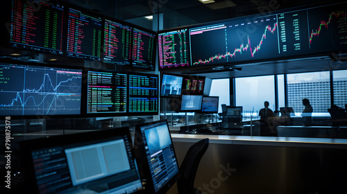 A man in a suit with his back turned in front of a large screen displaying stock market data 