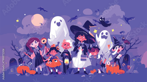 Halloween banner with happy disguised kids in holid