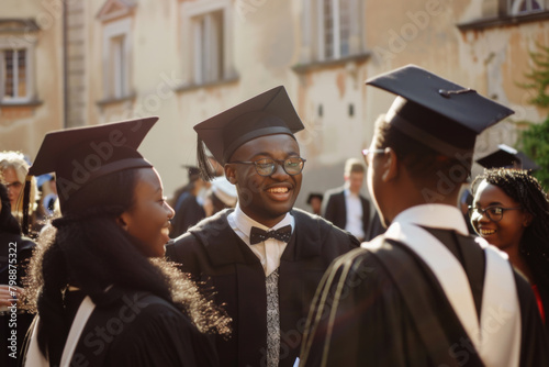 Happy african students congrats each other on the university graduation ceremony