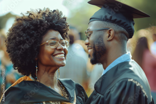 Happy african student on university graduation ceremony celebrating with his mother. Mother proud of her grown adult son