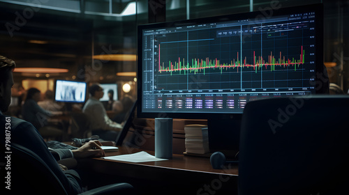 A man in a suit with his back turned in front of a large screen displaying stock market data 