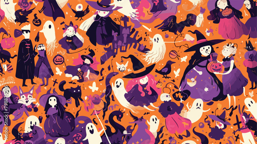 Halloween characters flat vector seamless pattern. © visual