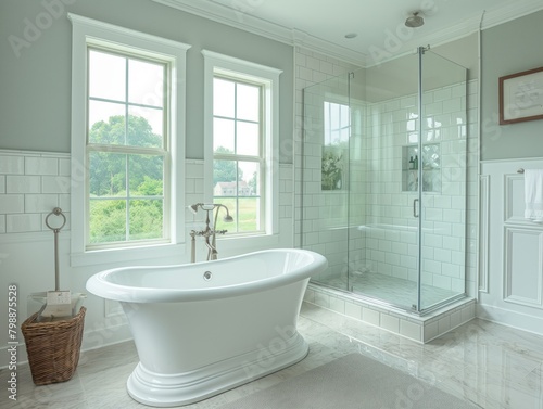 A large white bathtub with a glass shower stall in a bathroom. The bathroom is clean and well-lit, with a white wall and white trim. The bathtub is surrounded by a basket and a towel rack