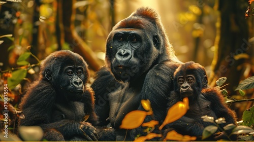 A rare Mountain Gorilla family lounging in the forest. Generative AI. © visoot