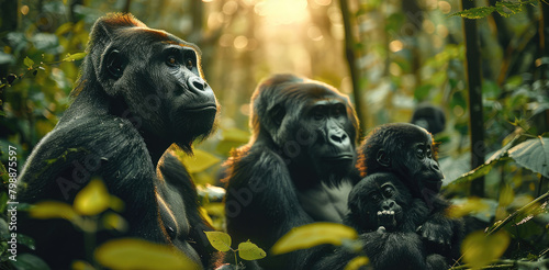 A rare Mountain Gorilla family lounging in the forest. Generative AI.