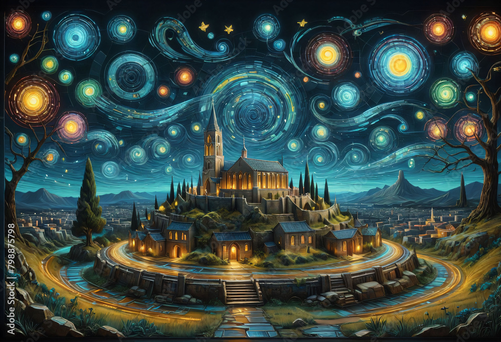 Image of an imaginary city at night, Van Gogh style