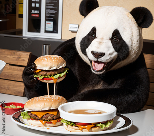 Panda sitting and eating hamburger